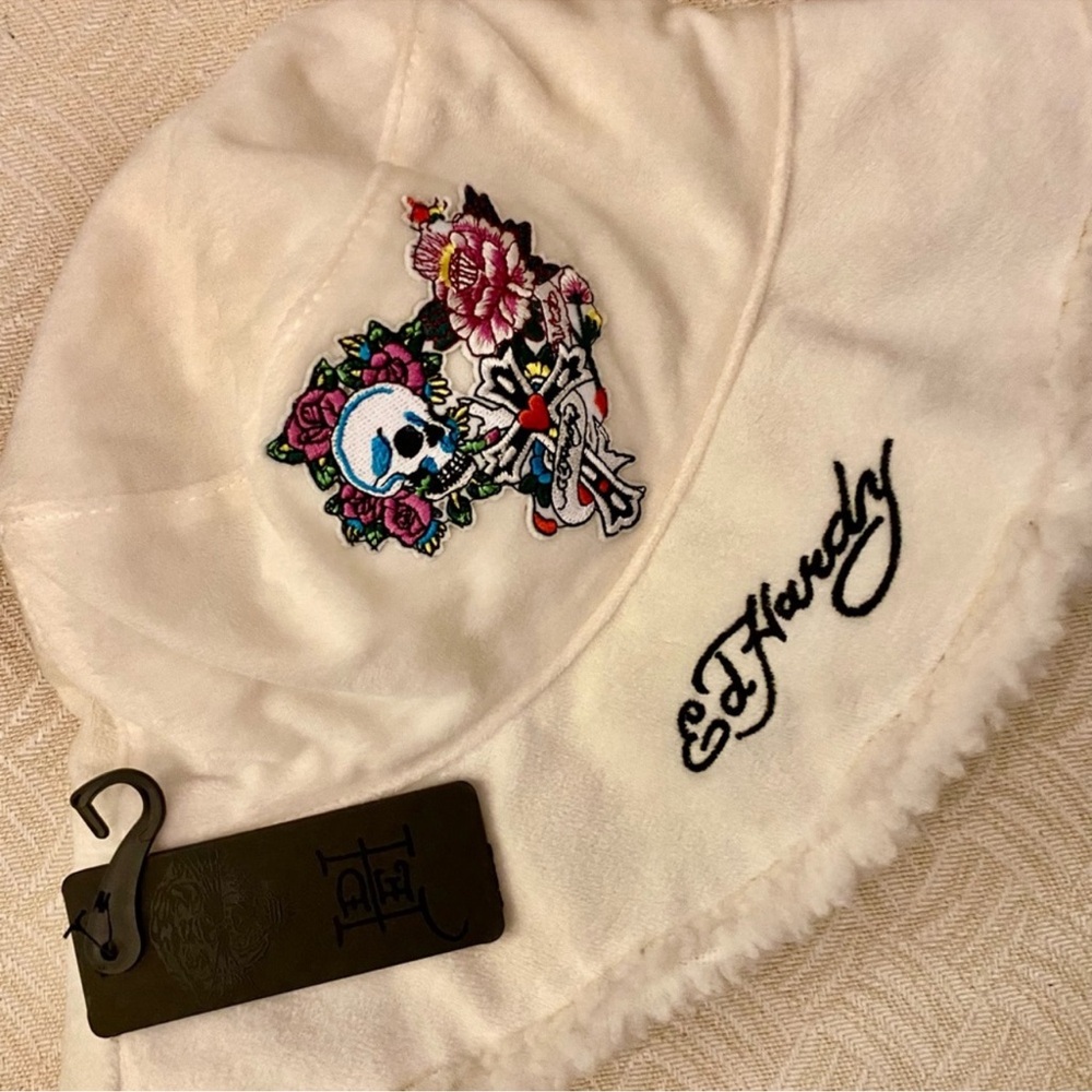 Ed Hardy Cream Kids Beanie with Colorful Skull Embroidery
